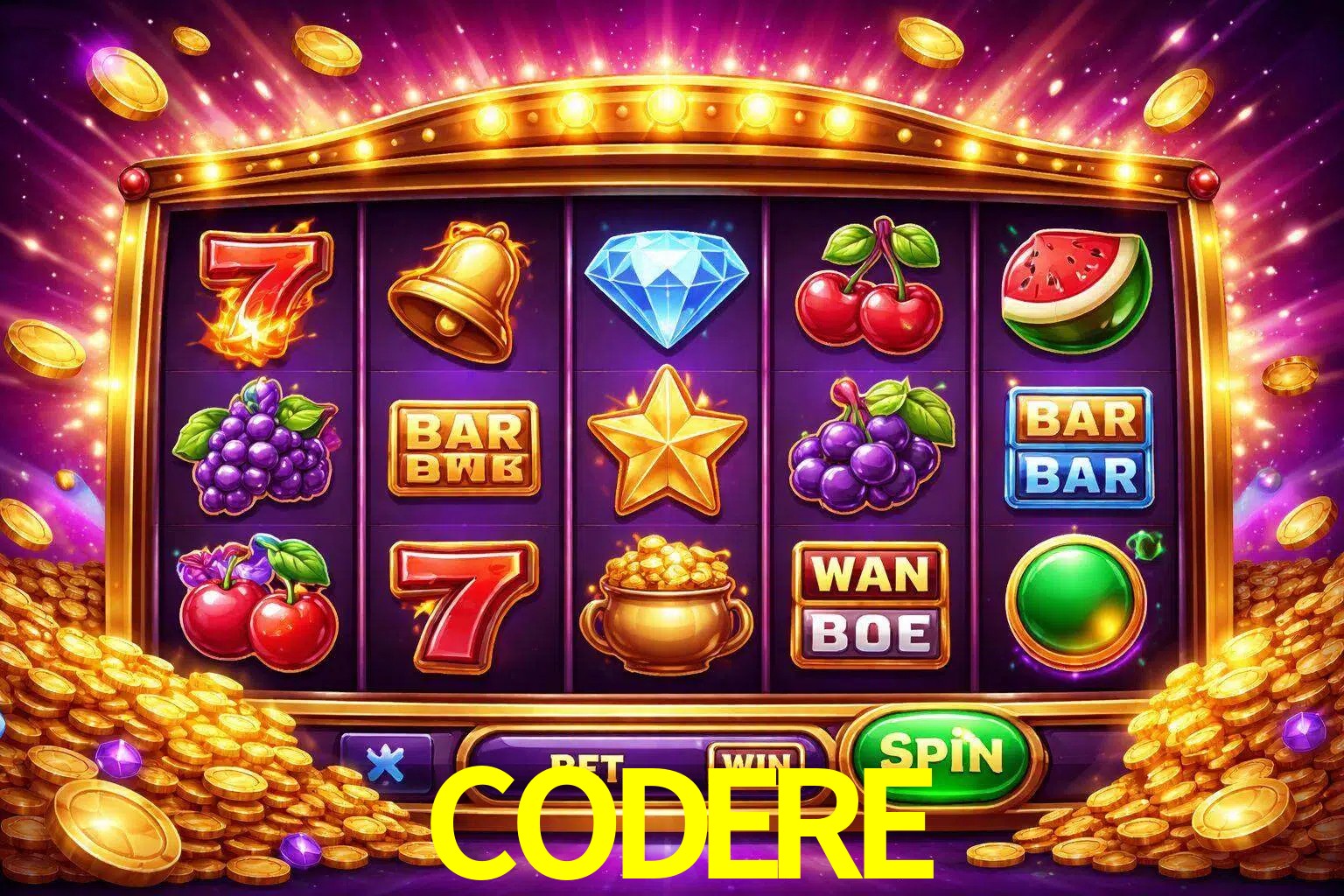 Una interfaz colorida de tragamonedas en línea con símbolos brillantes, monedas y un efecto de victoria celebratoria en CODERE.