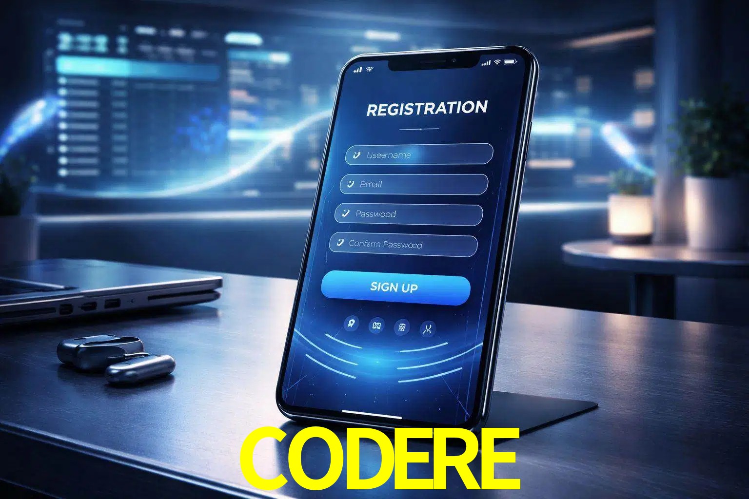 Una interfaz moderna de registro móvil para CODERE mostrada en un smartphone con un panel de apuestas elegante.